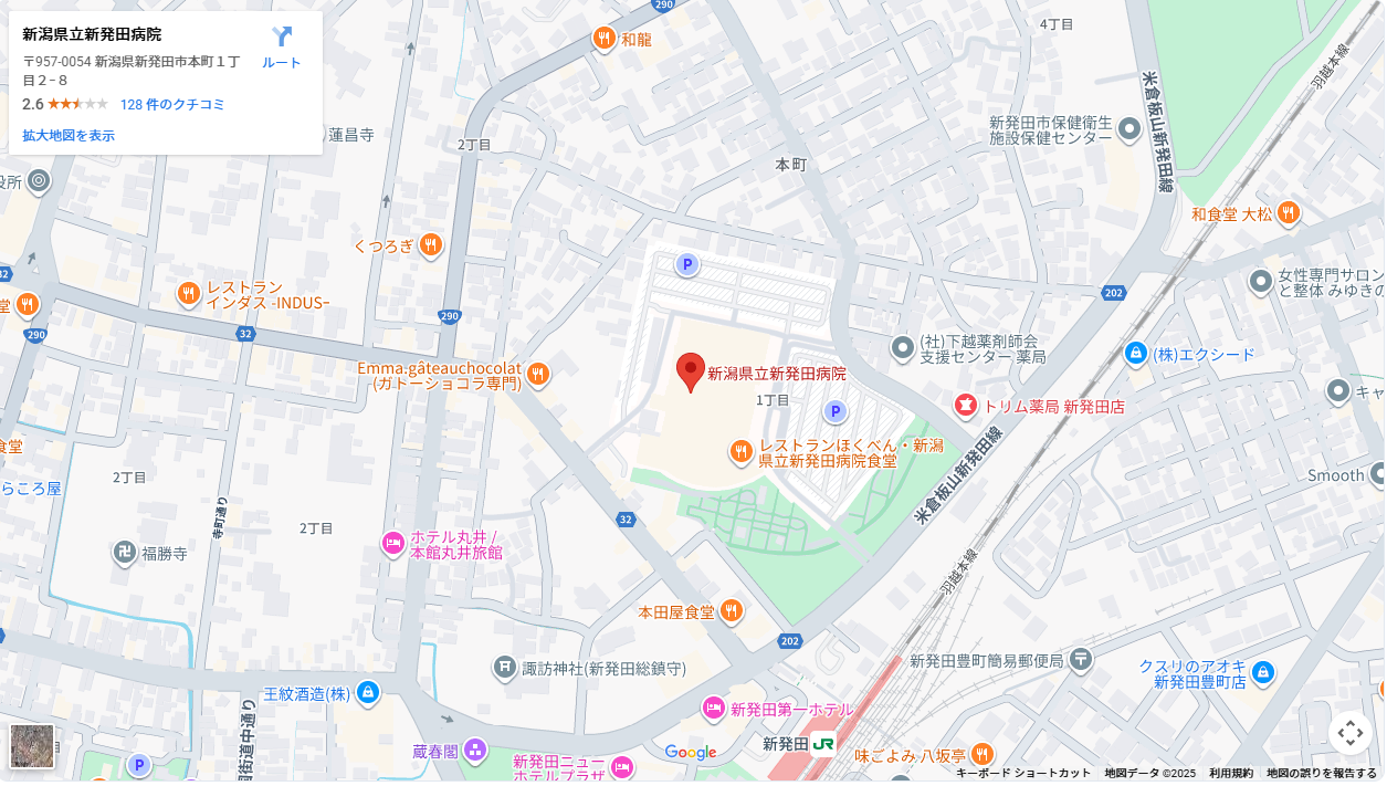 新潟県立新発田病院タクシー乗り場の地図（クリックで地図を表示）