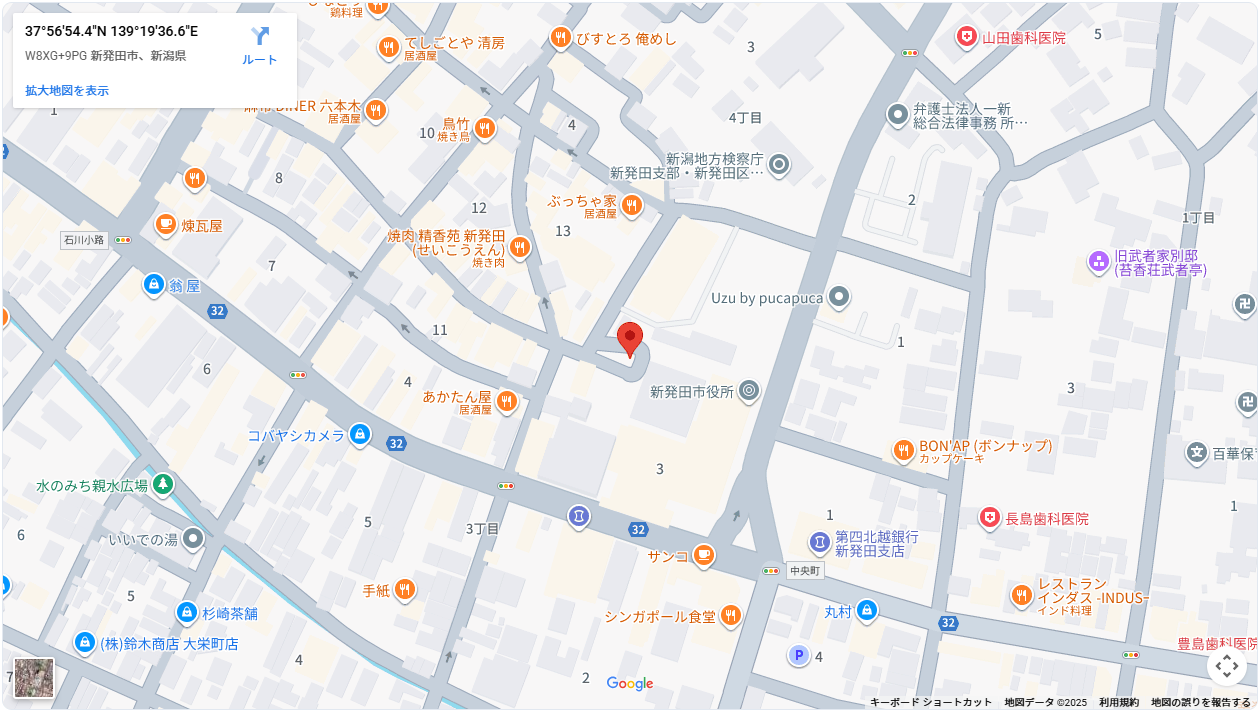 新発田市役所裏（中央町エリア）の地図（クリックで地図を表示）